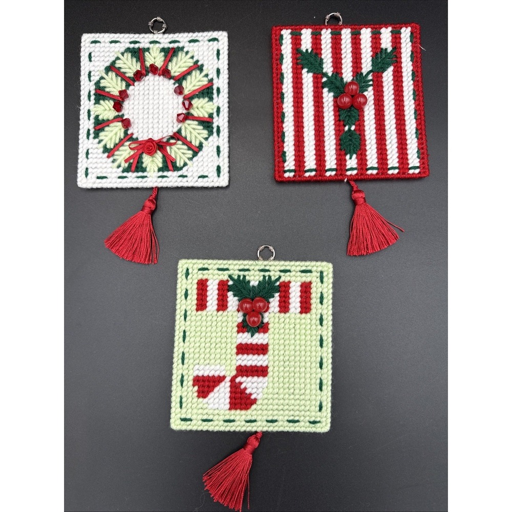 Lot of 3 Plastic Canvas Ornaments Wall Decor Christmas Holiday Embellished
